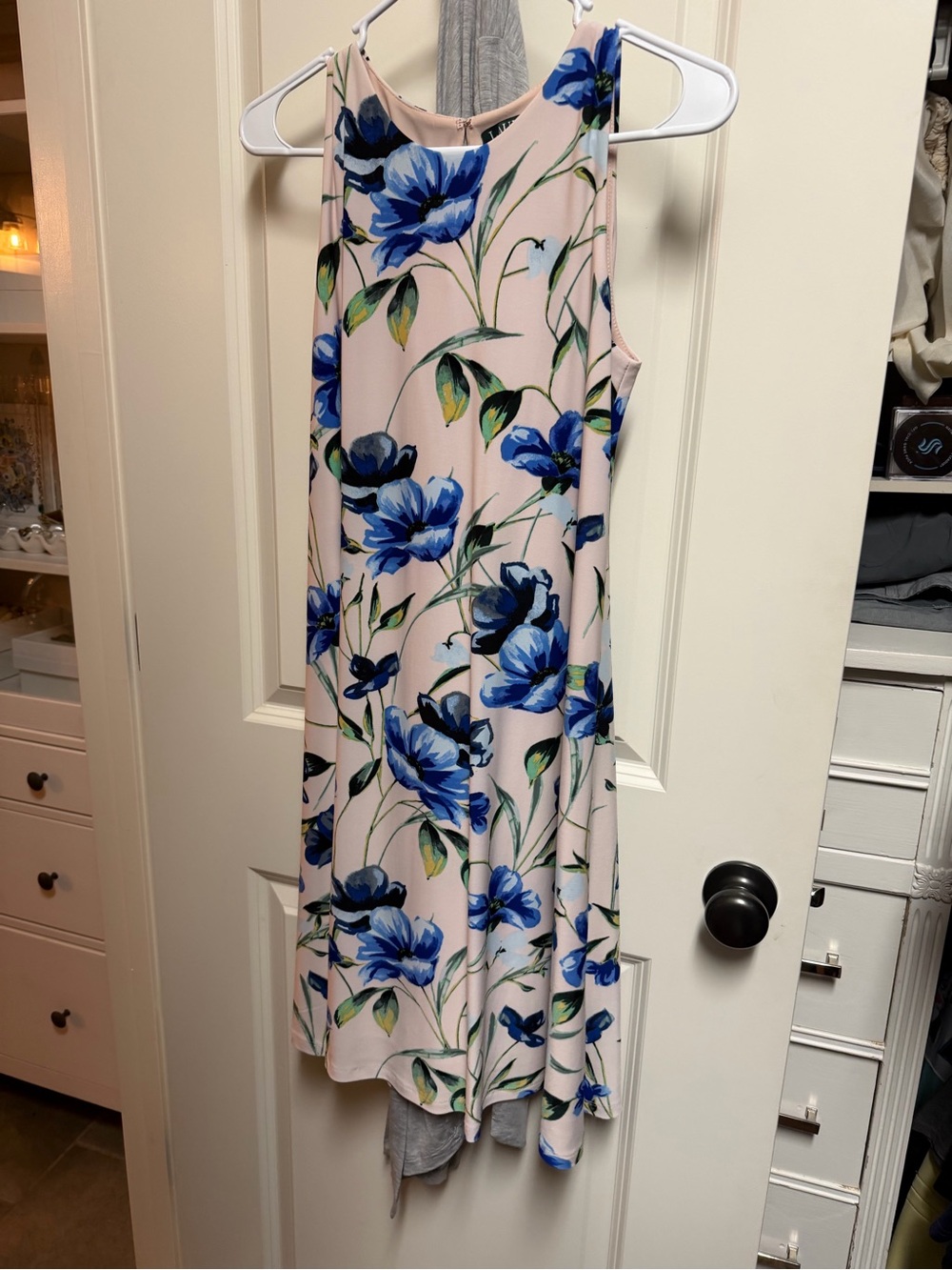 Ralph Lauren Pink Sleeveless Midi Dress with Blue Floral Print
